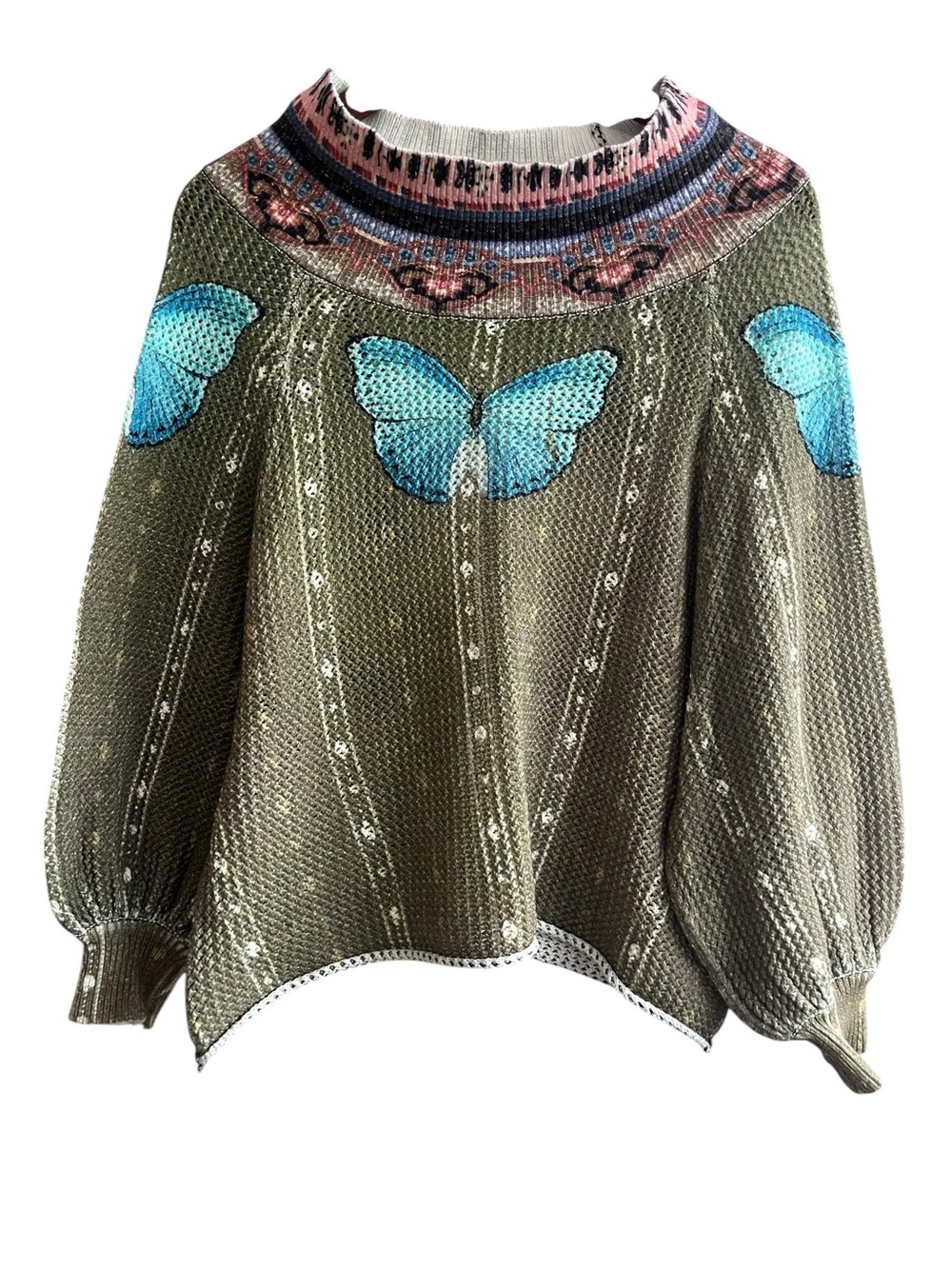 FARM Rio Butterflower Knit Sweater Size P - Small Blue Butterfly Crewneck